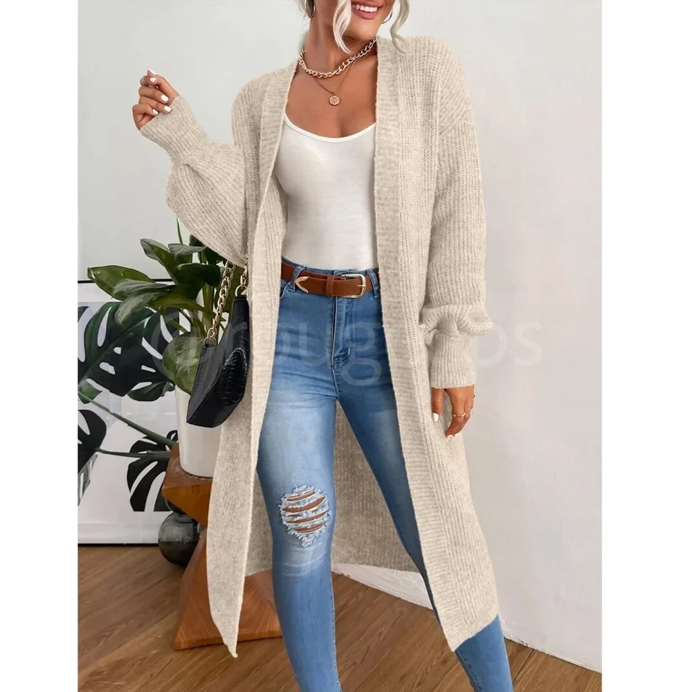 Oatmeal Beige Duster Cardigan Front Pockets Cable Knit Long Sleeve Midi Length - Picture 4 of 8